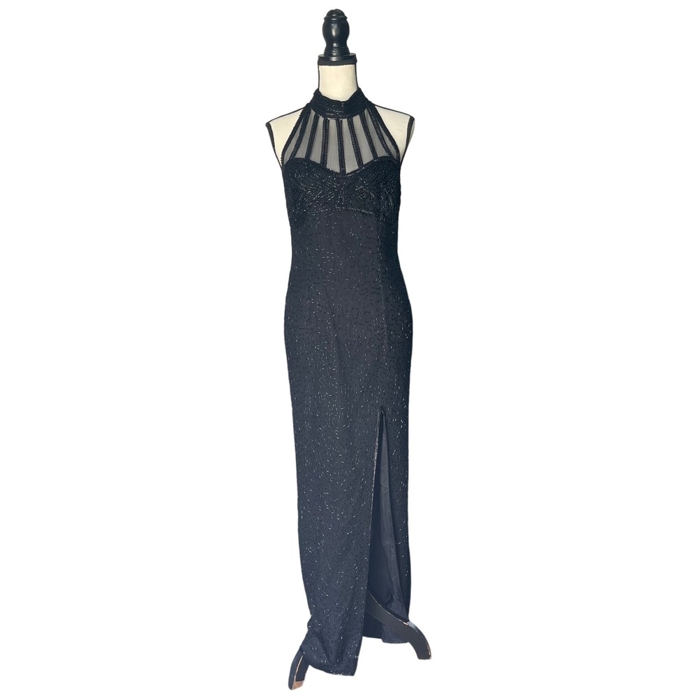 Vintage 90s Papell Boutique Black Silk Beaded Halter Sequin Gown 8 Black Tie